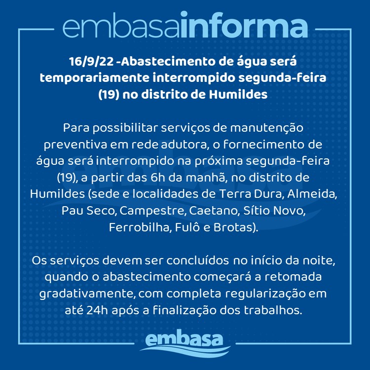 Embasa comunica suspensão temporária do abastecimento nesta segunda