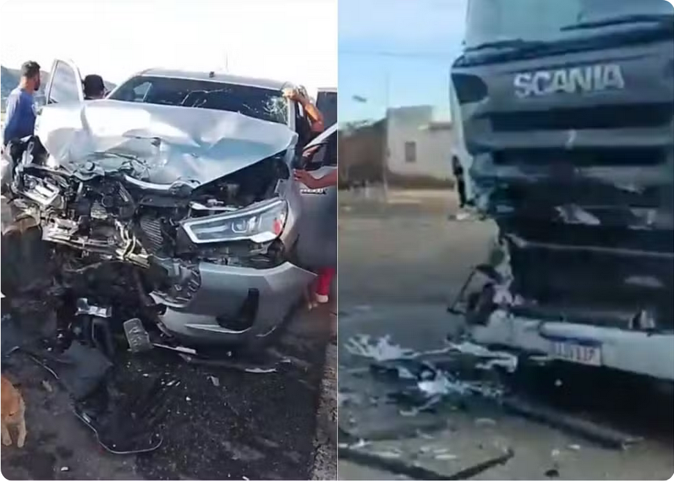 Vídeo: mulher fica gravemente ferida após dar cavalo de pau e colidir picape com caminhão em posto de combustíveis